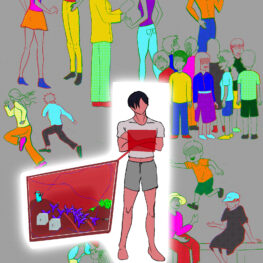 Digital illustration of human figures running, socializing and using computers