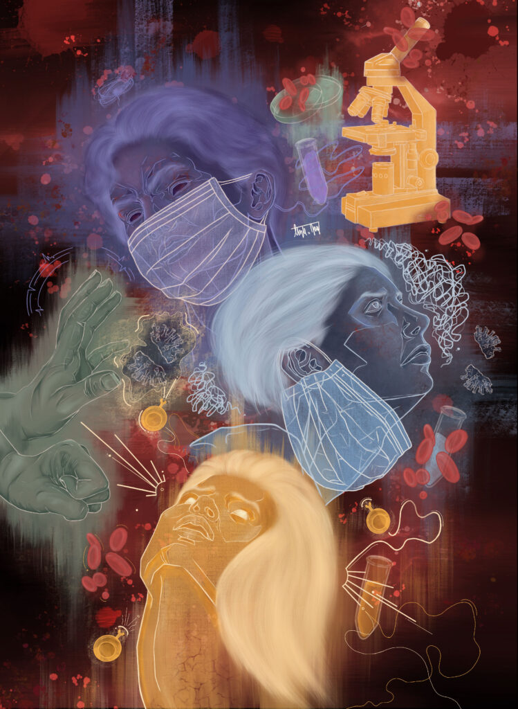 An illustration showing three human faces in purple, blue and yellow. The top two faces are masked. They are surrounded by microscopes, test tubes, red blood cells and other scientific motifs.