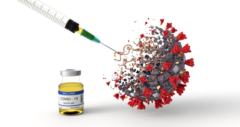 Realistic 3D Illustration of COVID-19 Vaccine. Corona Virus SARS CoV 2, 2019 nCoV virus destruction. A vaccin against coronavirus disease 2019. Breakthrough in the Creating of a COVID-19 Vaccine.