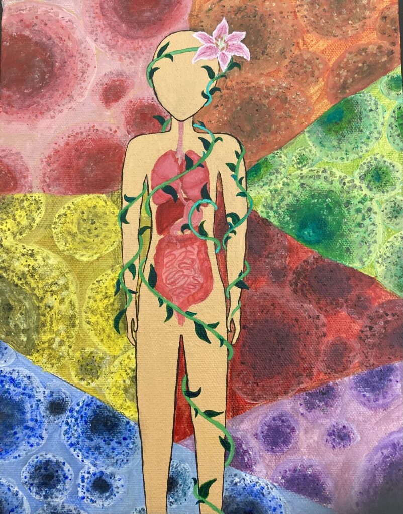 Illustration of a female figure with organs showing. A green vine grows over her and there is a pink flower in her hair. The background shows cancer cells in different colors