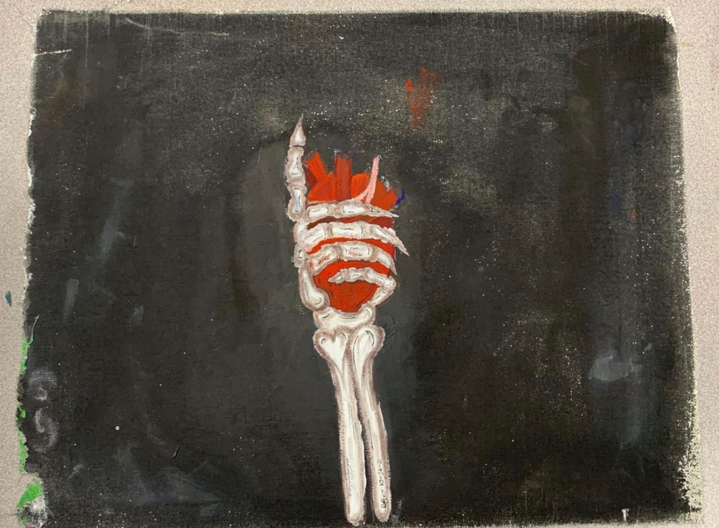 Painting of a skeleton hand holding a heart