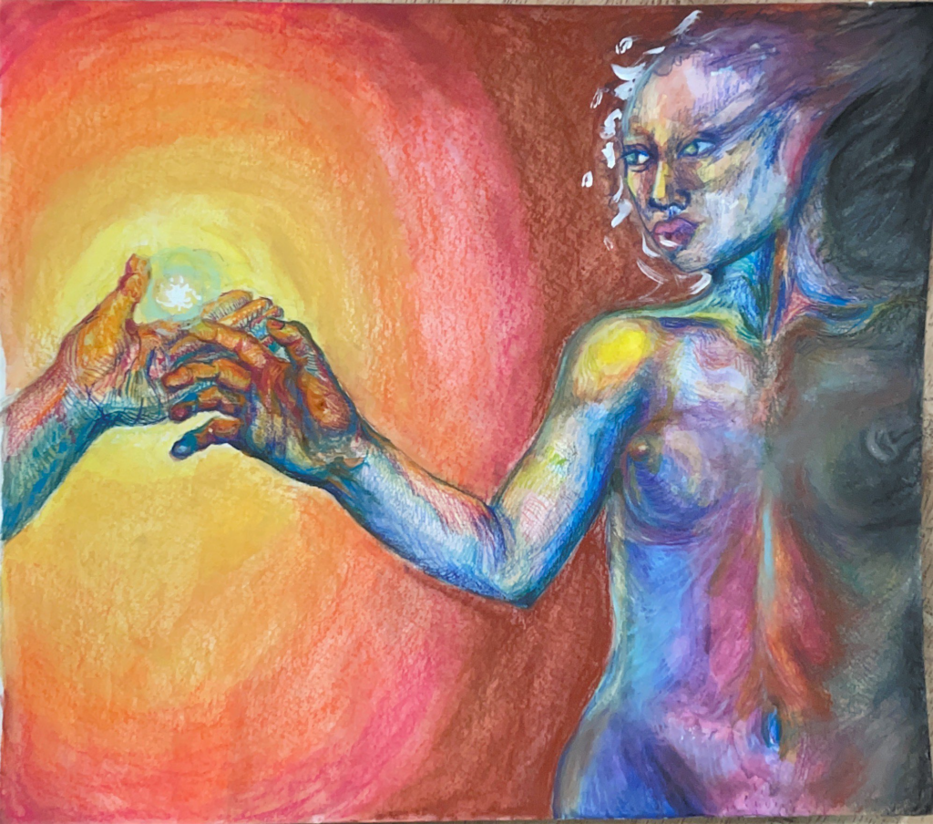 Nielsen's mixed media piece shows a human figure reaching toward a bright light, meant to represent healing. 
