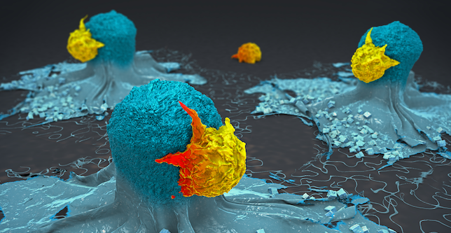 3D Illustration of T cells attacking cancer cells. Credit: La Jolla Institute for Immunology