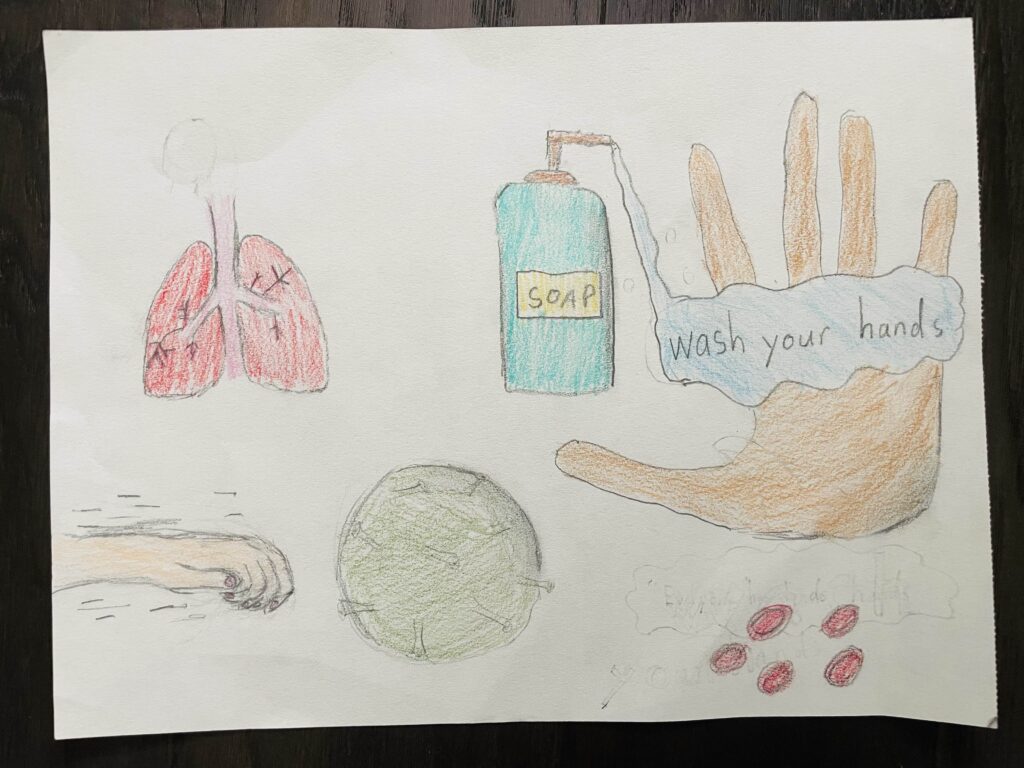 Illustration of lungs, a fist hitting a virus, red blood cells, and a bottle of soap squirting onto a hand. Text reads "Wash your hands"
