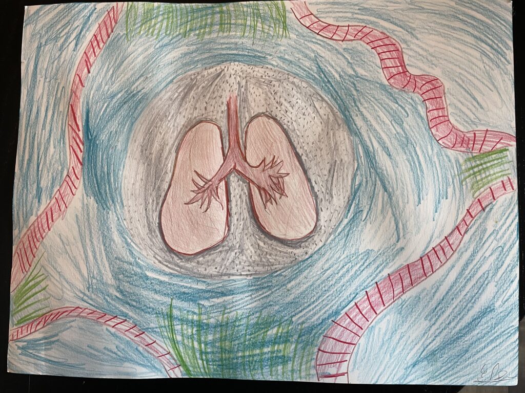 Pencil and colored pencil illustration of lungs surrounded by colorful swirls