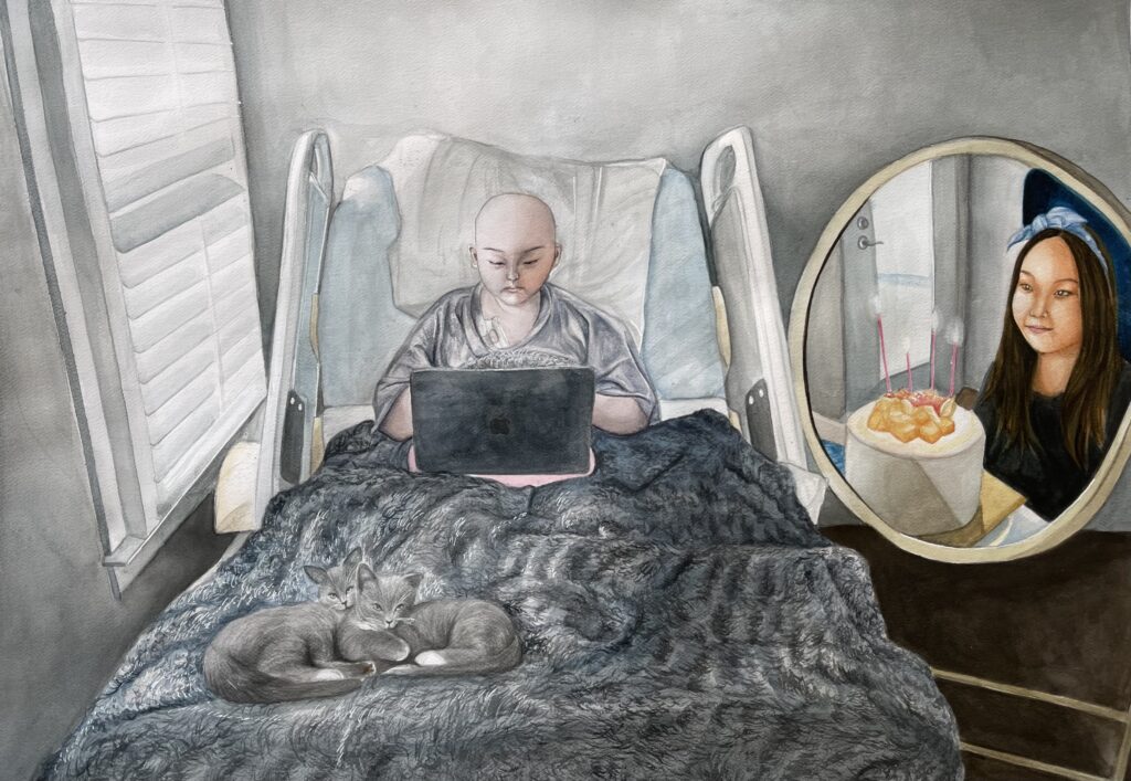 Watercolor painting of a girl in a hospital bed. She is on a computer and has gone bald from cancer therapy. A mirror shows her looking happy and healthy, holding a birthday cake