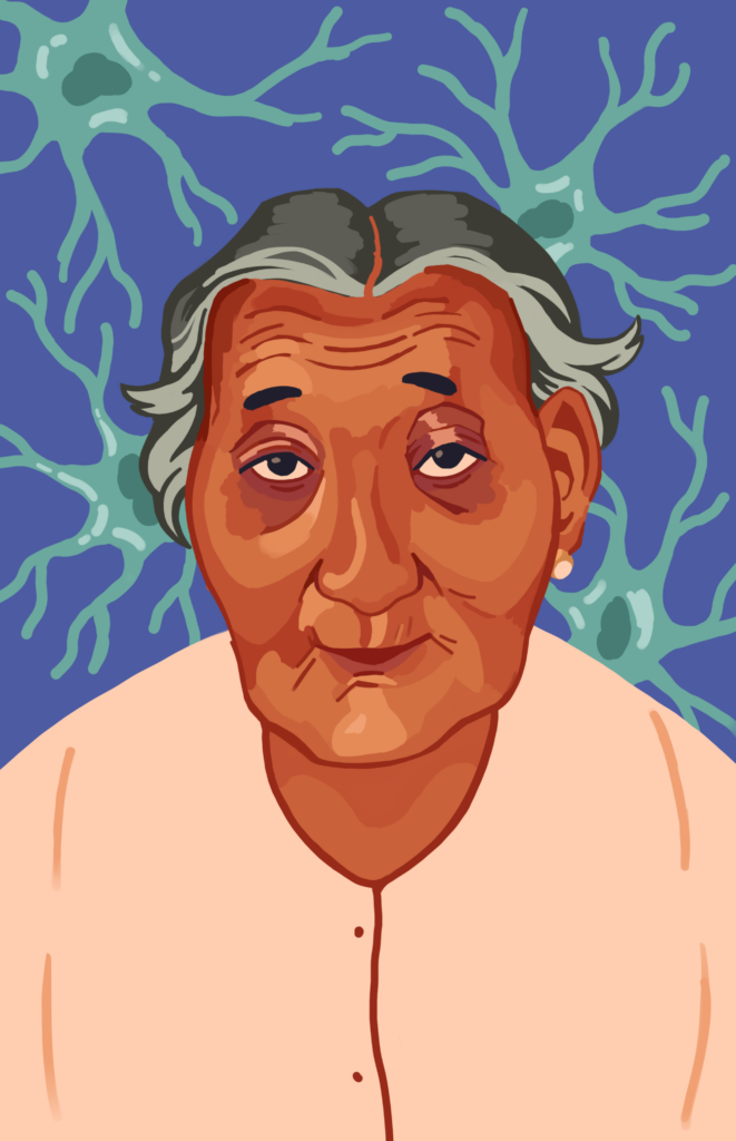 Digital illustration of an older woman. She looks at viewer. Microglial cells make up the background
