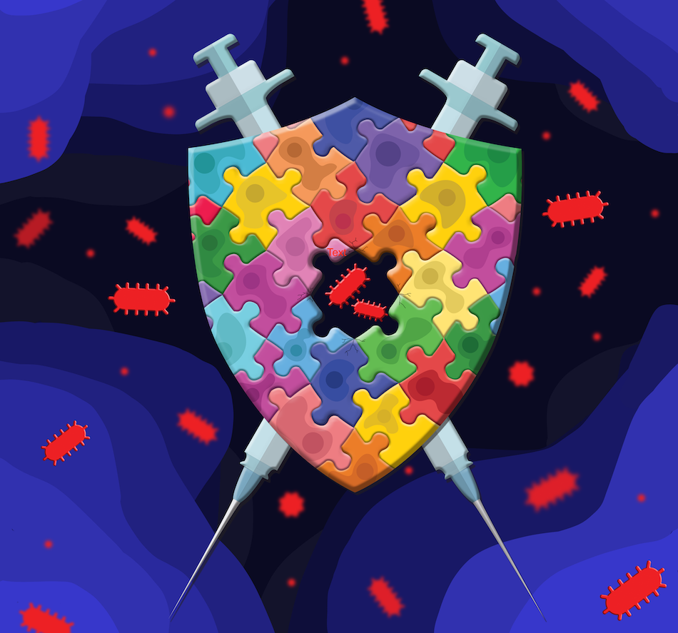 Graphic of a shield made of puzzle pieces. Syringes criss-cross the shield. There is a gap in the shield, and a bacterium is trying to get through.