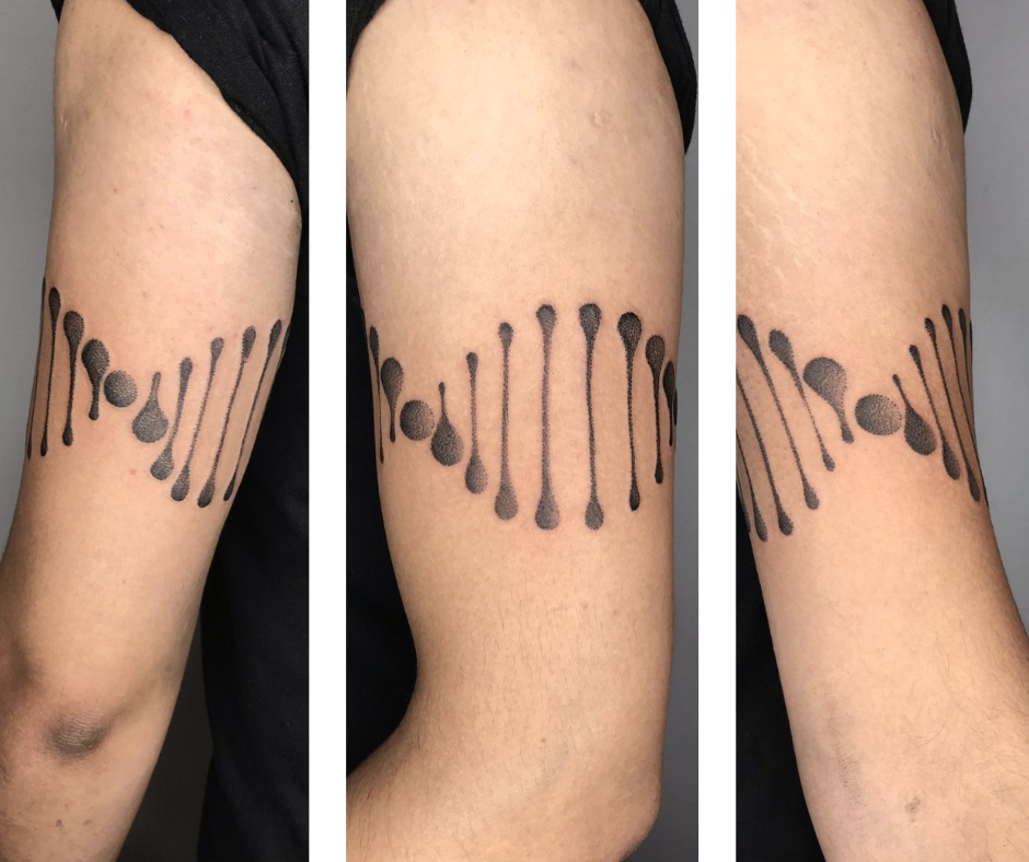 Photo collage showing a black ink DNA pattern tattoo from three angles