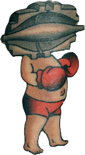 Tattoo of a baby boxer with a metal machine part for a head