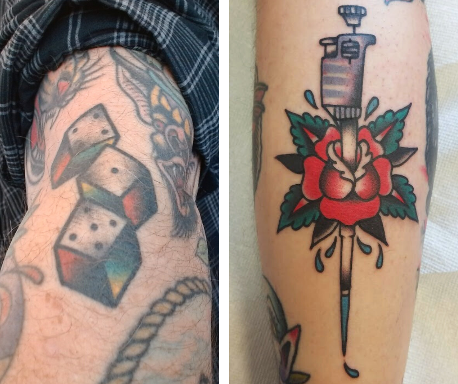 A photo collage with the dice tattoo on the left and the pipette tattoo on the right