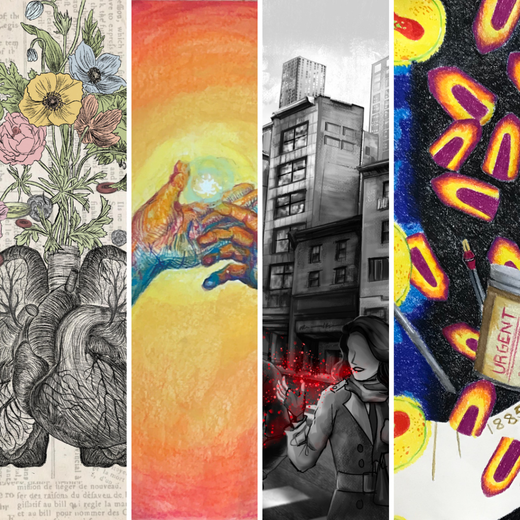 Collage of winning art competition pieces. Described in detail below