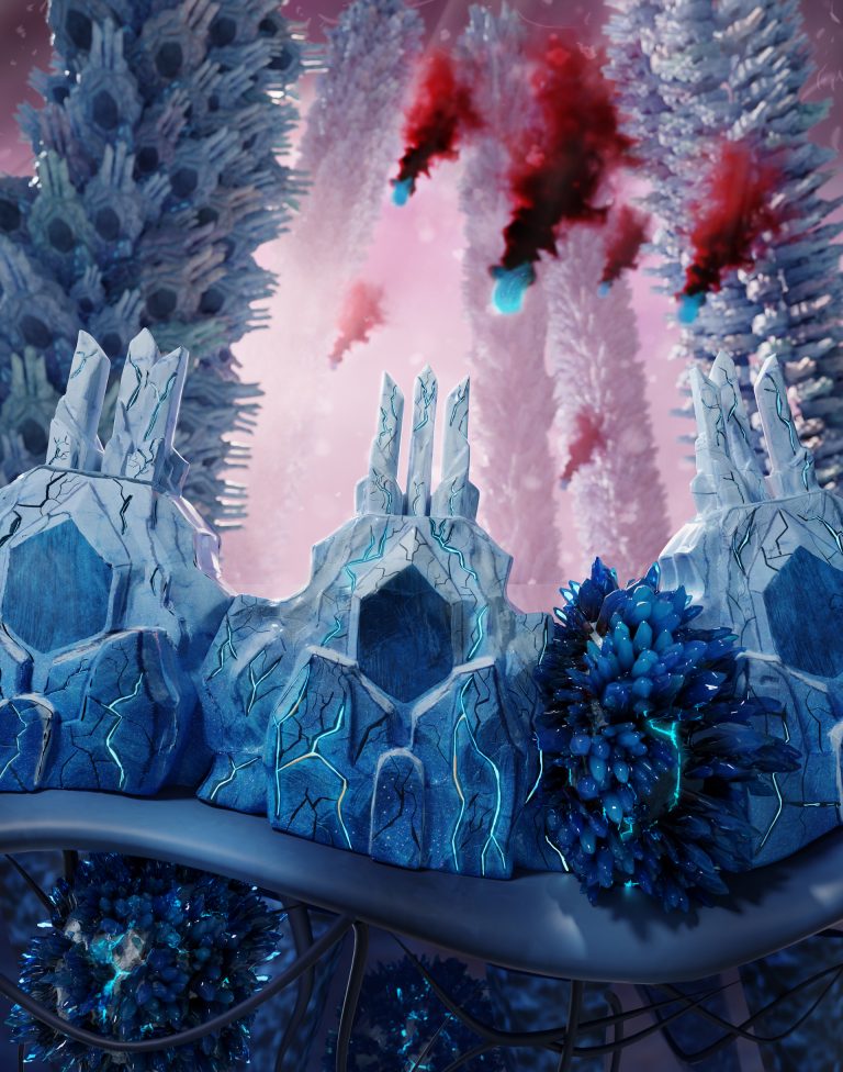 Computer-generated illustration depicting cells of the mucus membrane combatting pathogens