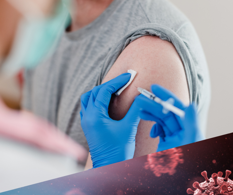 Stock photo of someone getting a vaccine. With border showing illustration of SARS-CoV-2