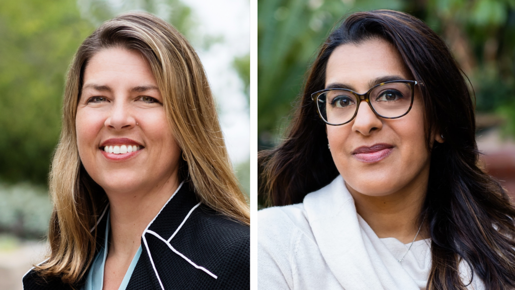 Two portrait photos. Dr. Saphire is on the left. Dr. Sharma is on the right. Both researchers are looking at the camera and smiling.